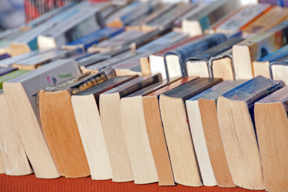 filas de libros de segunda mano sobre una mesa listos para ser vendidos al peso.